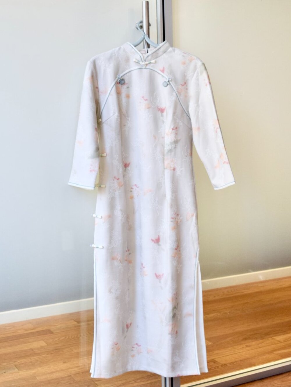 White Pink Flora Long Qipao - Chinese Traditional Winter Dress